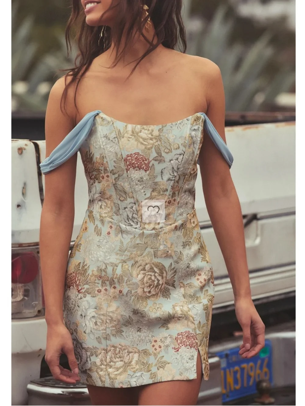 NWT Lulu’s Captivating Personality Light Blue Jacquard Bustier Mini Dress Small